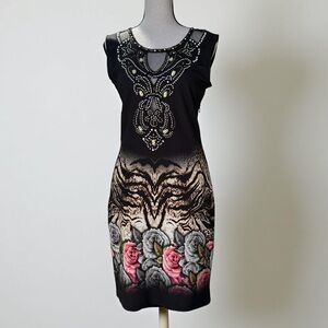 Elegant Exclusive Black Dress with handmade embroidery animal and floral print